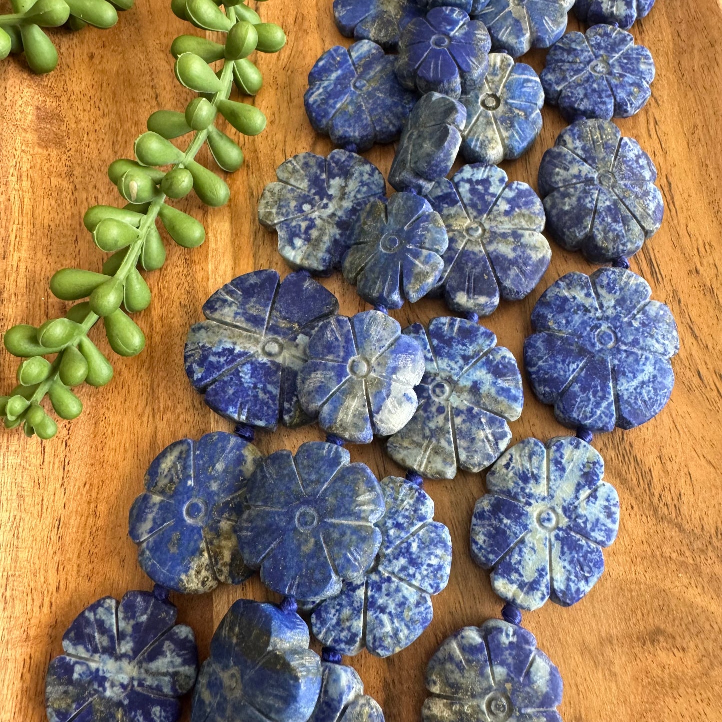 Lapis Lazuli Carved Flower Gemstone Bead Strand #2