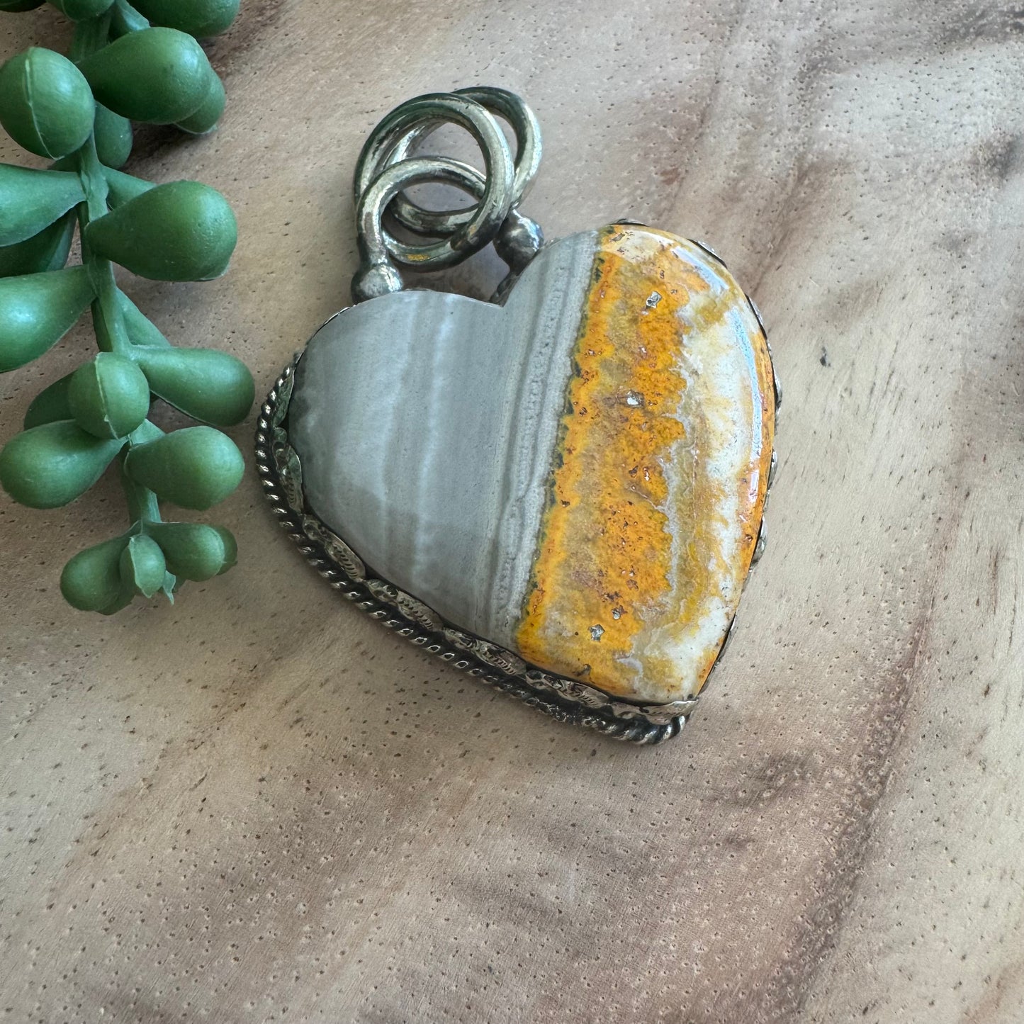 Bumblebee Jasper Heart Pendant with Embossed Accents – Antique Silver-Tone Statement Piece SWP20