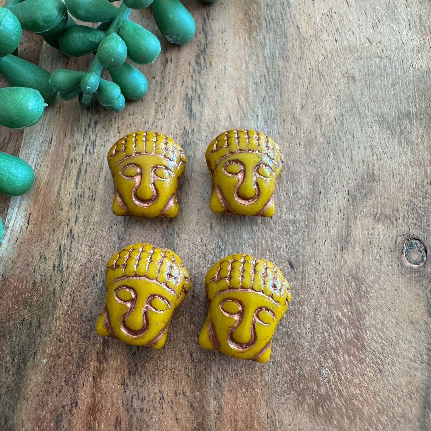 Czech Glass Mustard and Copper Wash Buddha Focal Bead 4pcs