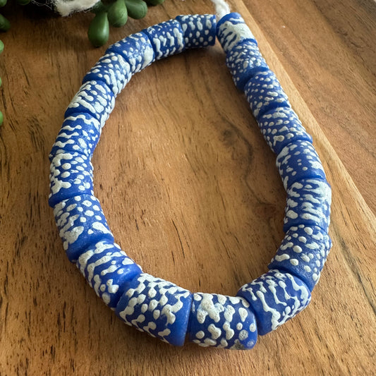 Blue African Glass Krobo Beads – 12x13-15mm – 10 Inch Strand