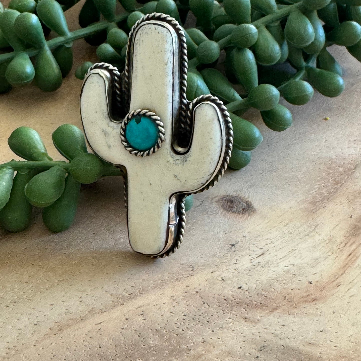 Saguaro Cactus Bone and Turquoise Ring Adjustable SWP20