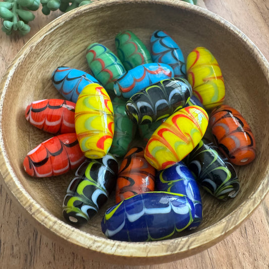 Multicolor Fancy Oval Glass Beads from India (13x26mm) 20 Pieces