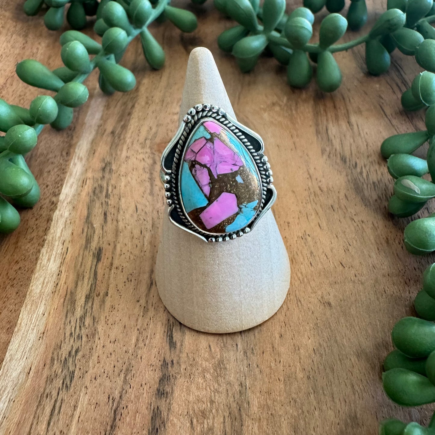 .925 Sterling Silver Cotton Candy Turquoise Teardrop Ring – Size 7