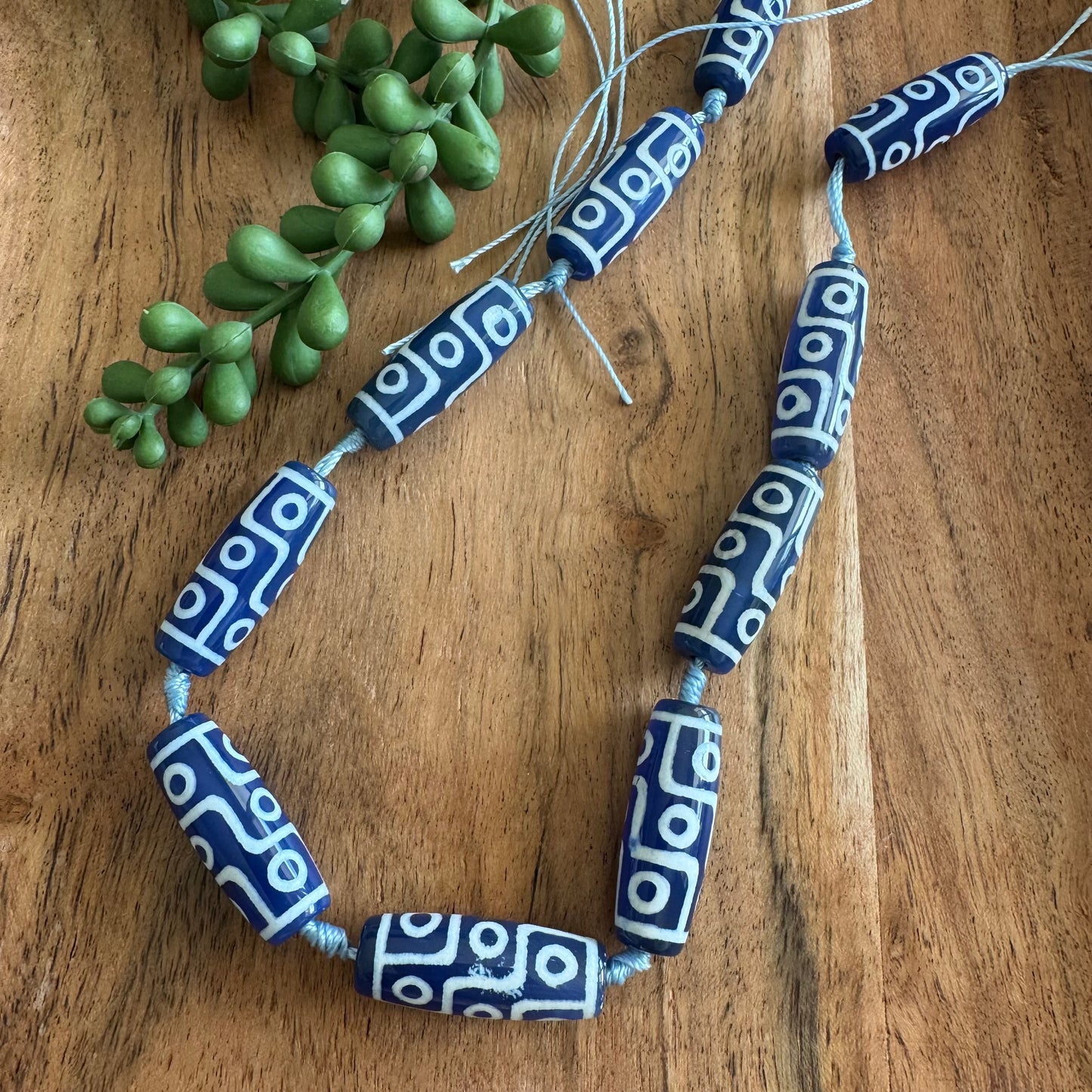 Blue DZI Agate Tube Beads, 29x10 mm