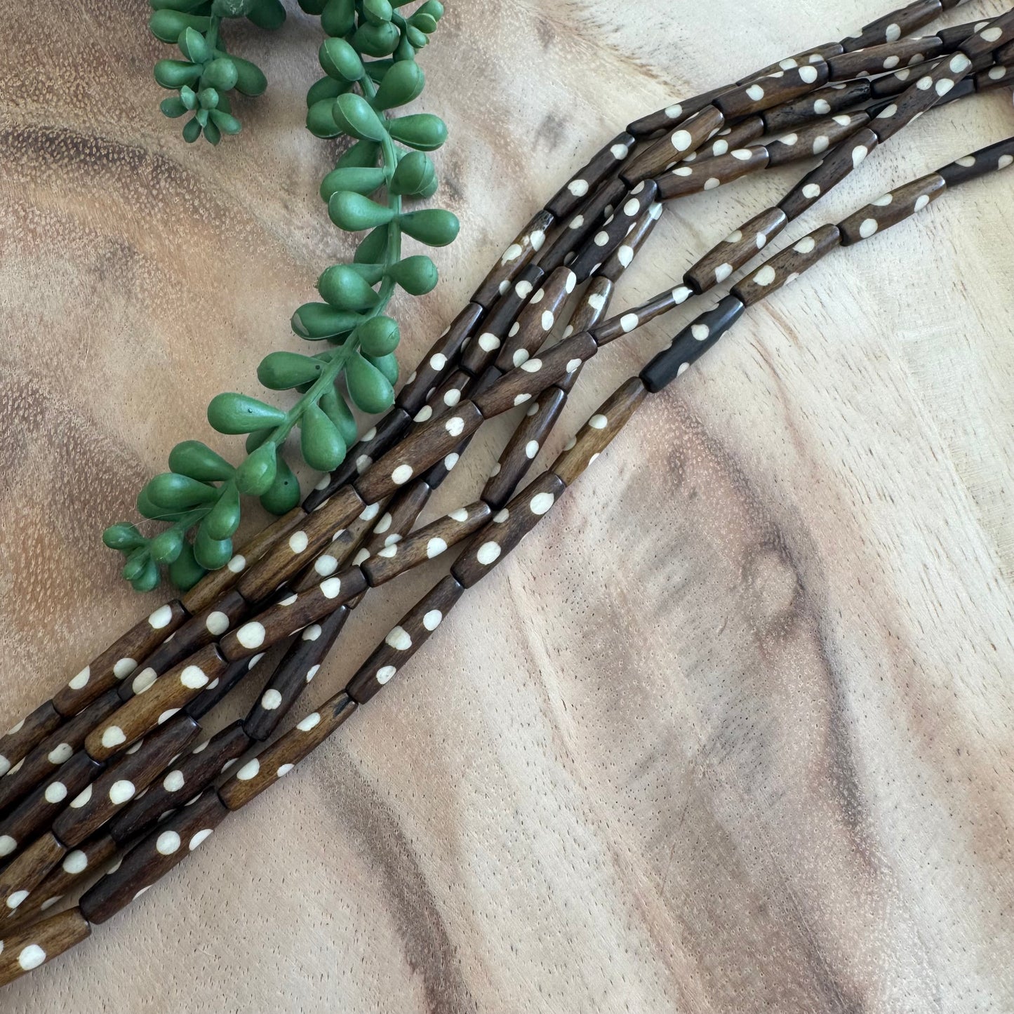 Polka Dot Batik Bone Tube Beads – 5x24 mm – 15–16 Inch Strand