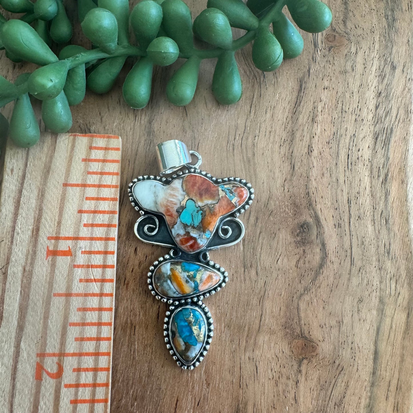 .925 Sterling Silver Pendant – Southwest-Inspired Orange Spiny Oyster & Turquoise Stack