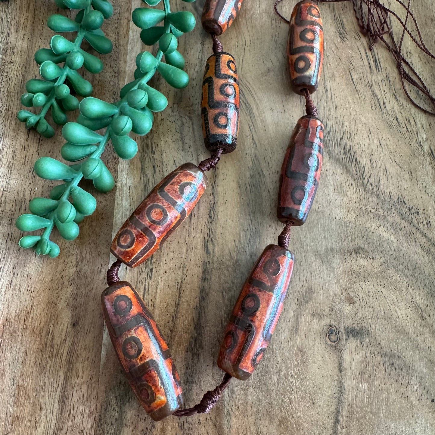 Large Brown DZI Agate Tube Beads, 40x14 mm