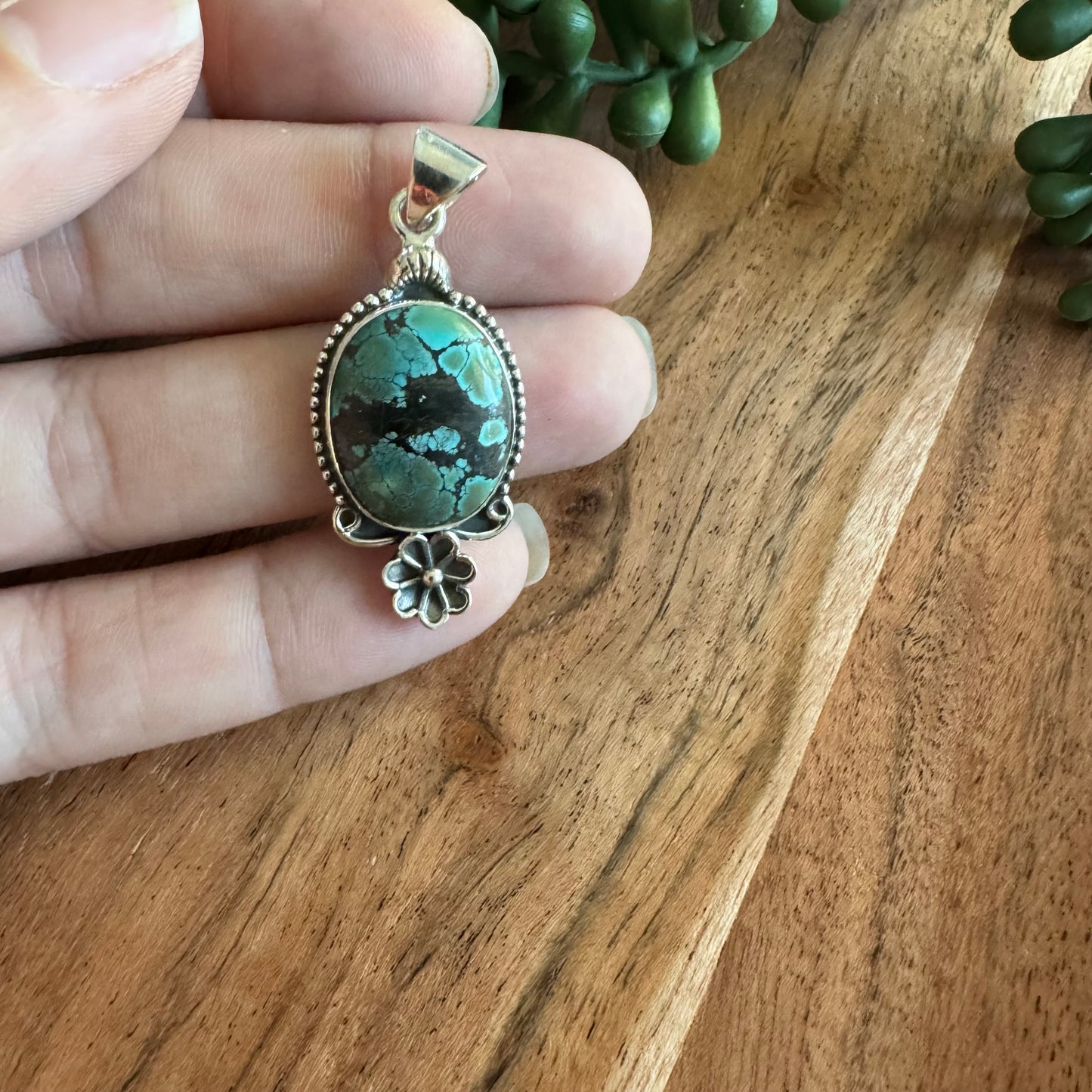 .925 Sterling Silver Pendant – Tibetan Turquoise with Floral Silverwork