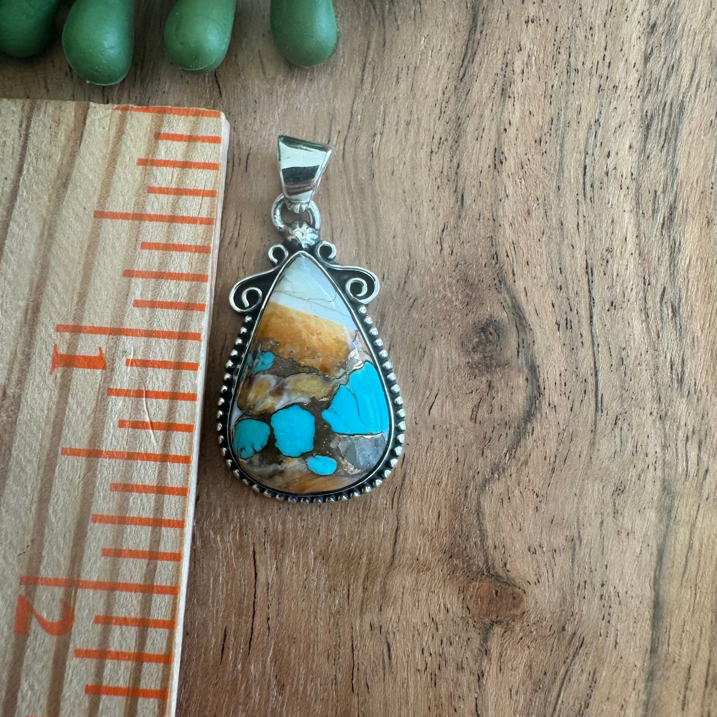 .925 Sterling Silver Tear Drop Pendant – Orange Spiny Oyster & Turquoise