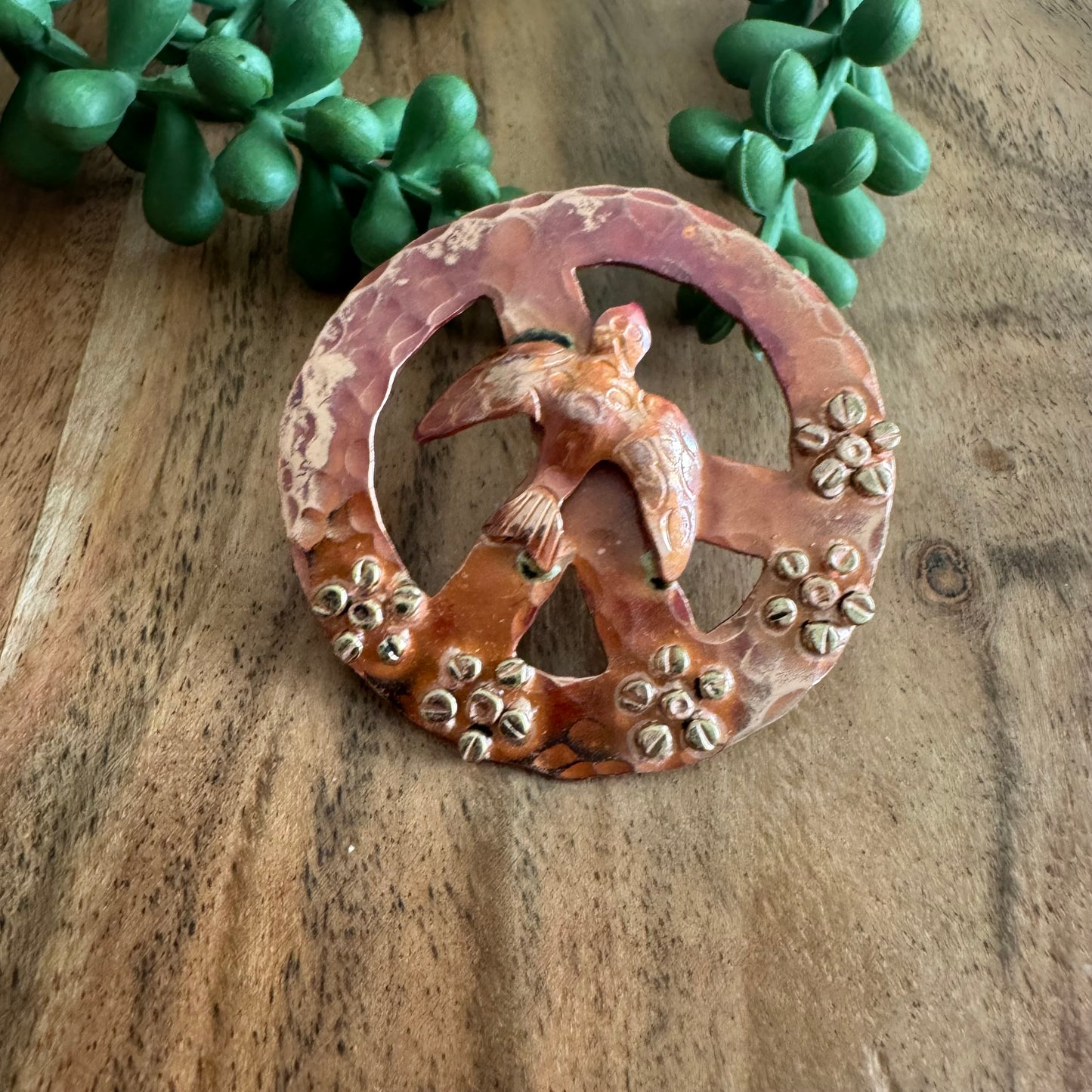 Boho Copper Peace Pendant with Dove and Flowers by Patricia Healey PH03