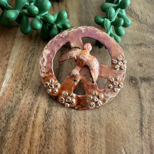 Boho Copper Peace Pendant with Dove and Flowers by Patricia Healey PH03