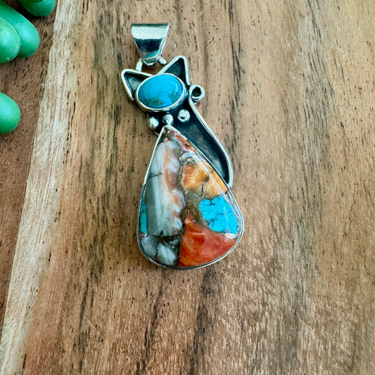 .925 Sterling Silver Cat Pendant – Orange Spiny Oyster & Turquoise