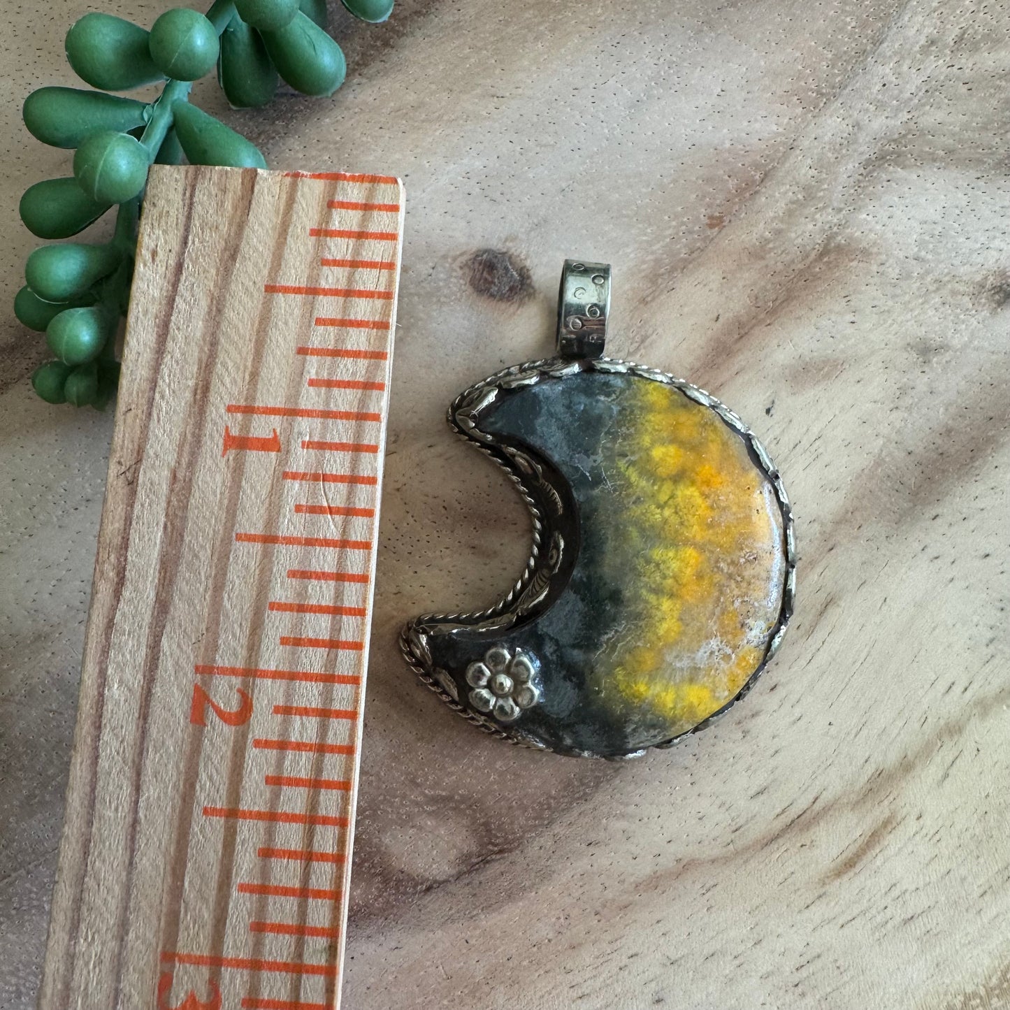 Bumblebee Jasper Moon Pendant with Silver-Tone Detailing SWP27