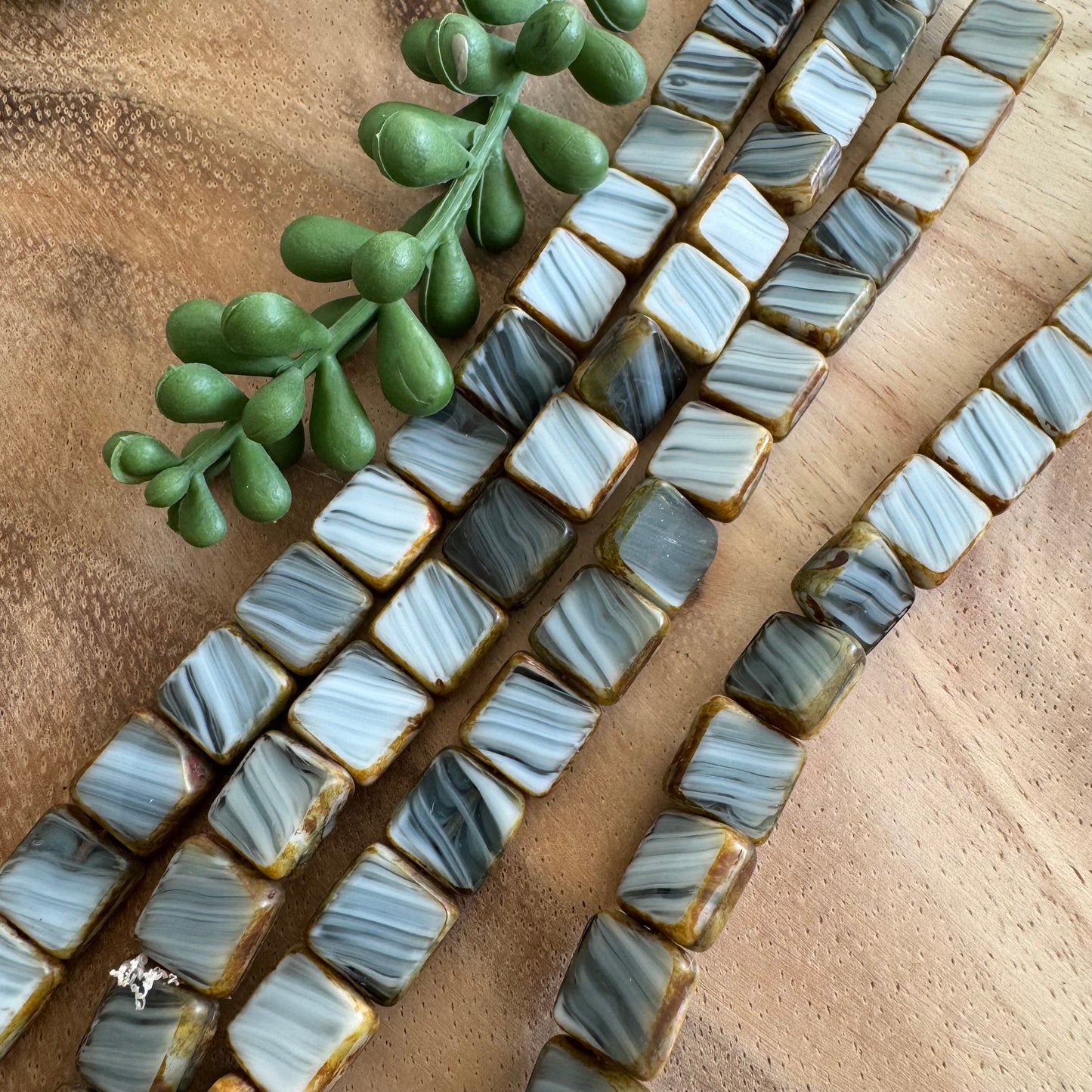 Vintage Gray & White Table Cut Czech Glass Squares – 10 mm – 8 Inch Strand