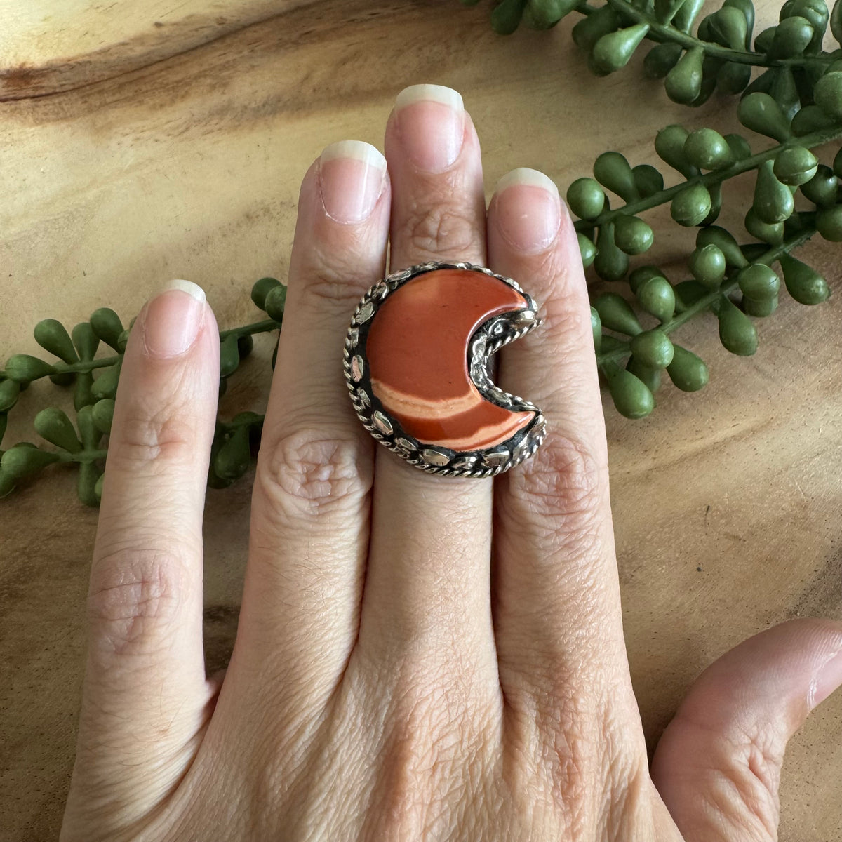 Red Jasper Moon Statement Ring – Adjustable SWP18
