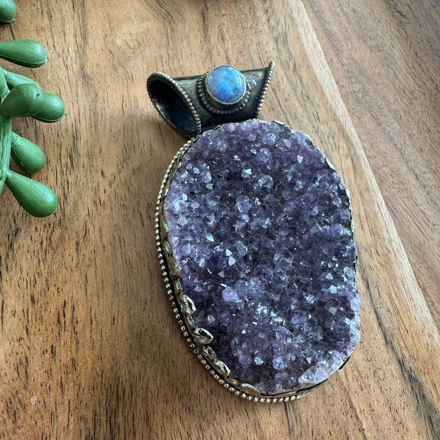 Amethyst Druzy Pendant with Moonstone Accent – Antique Silver-Tone Statement Piece