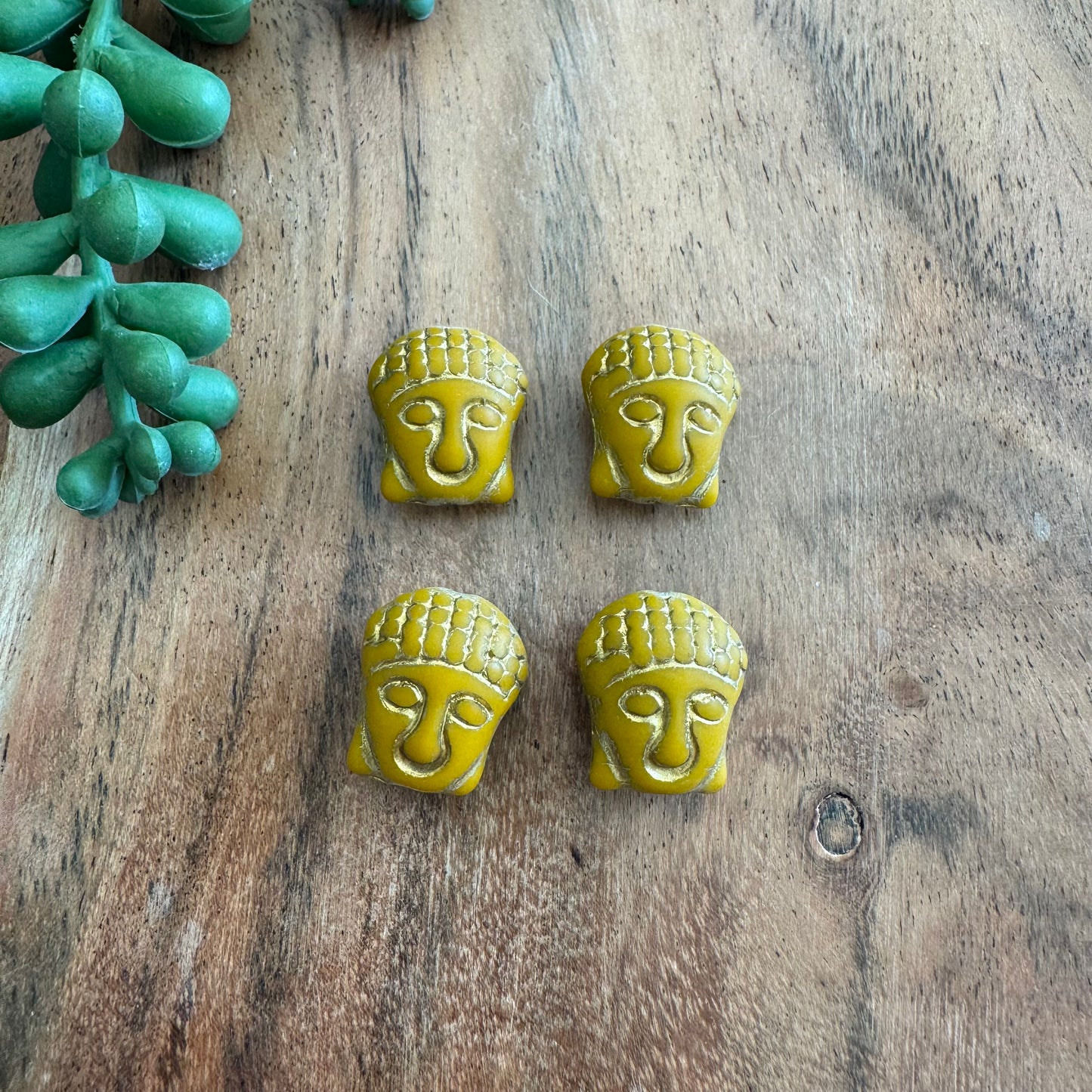 Czech Glass Mustard and Gold Wash Buddha Focal Bead 4pcs