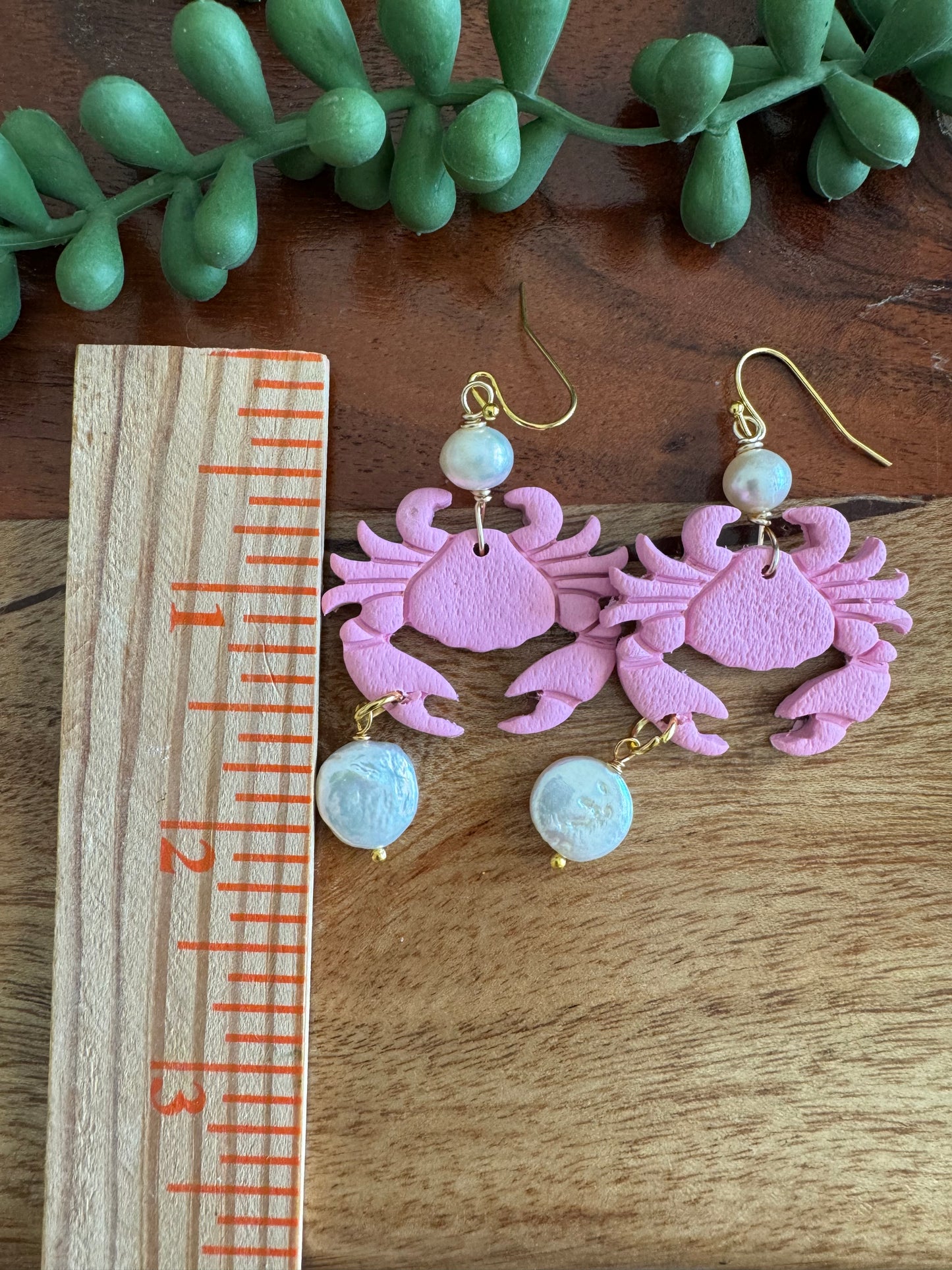 Pink Crab and Pearl Earrings