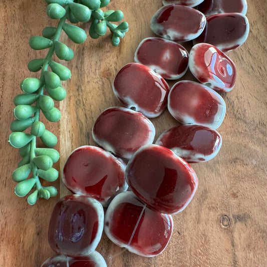 Red Ceramic Rectangle Focal Bead Strand 24x30mm