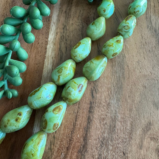 Vintage Aqua Green Czech Glass Drop Beads – 12x18 mm – 8 Inch Strand