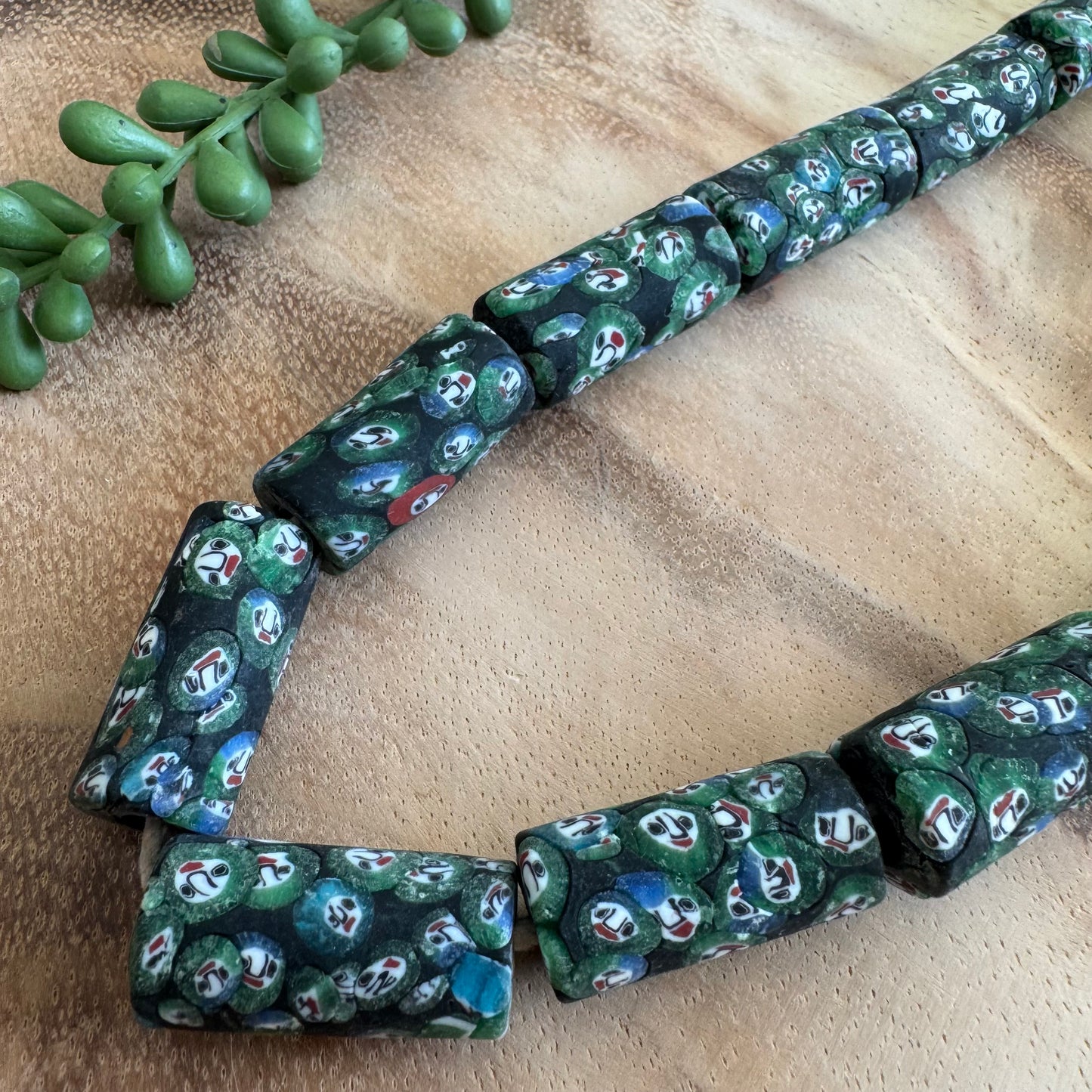 Green Face Millefiori Tribal Beads – 14x28-30mm – 22–24 Inch Strand