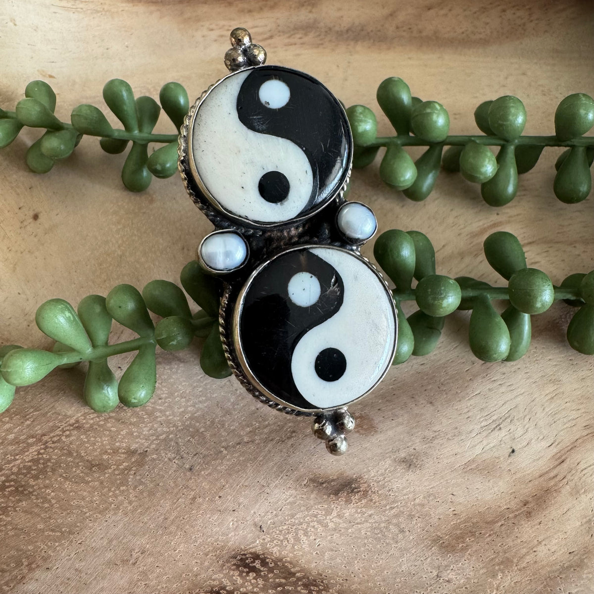 Yin & Yang Statement Ring with Pearls– Adjustable