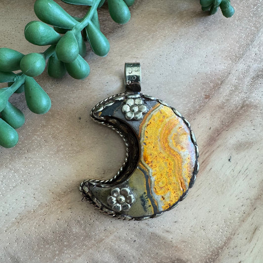 Bumblebee Jasper Moon Pendant with Silver-Tone Detailing SWP26