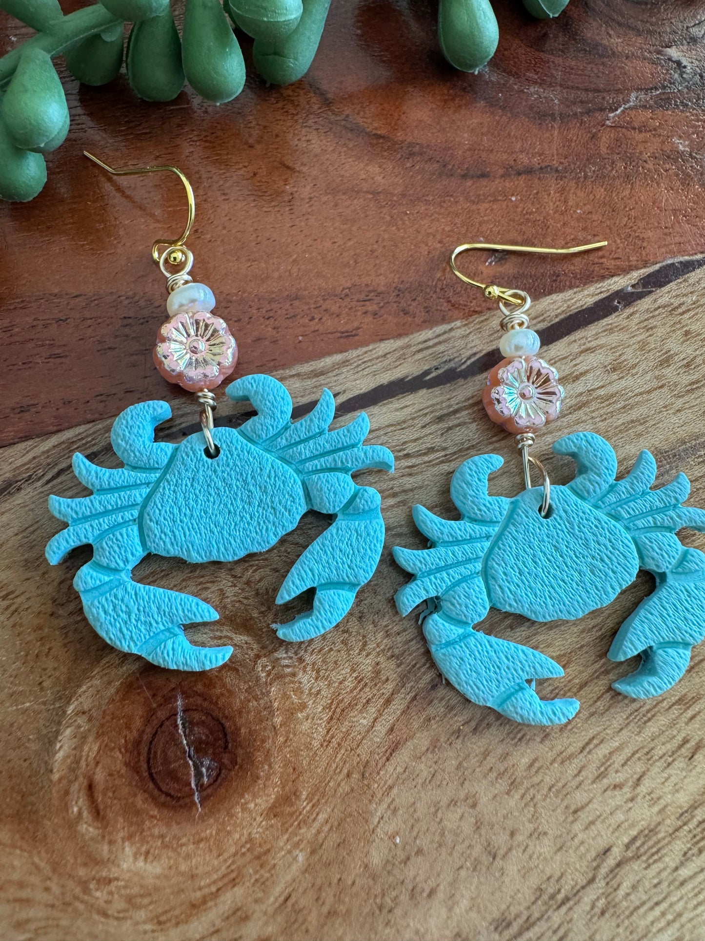 Aqua Crab and Pearl Earrings