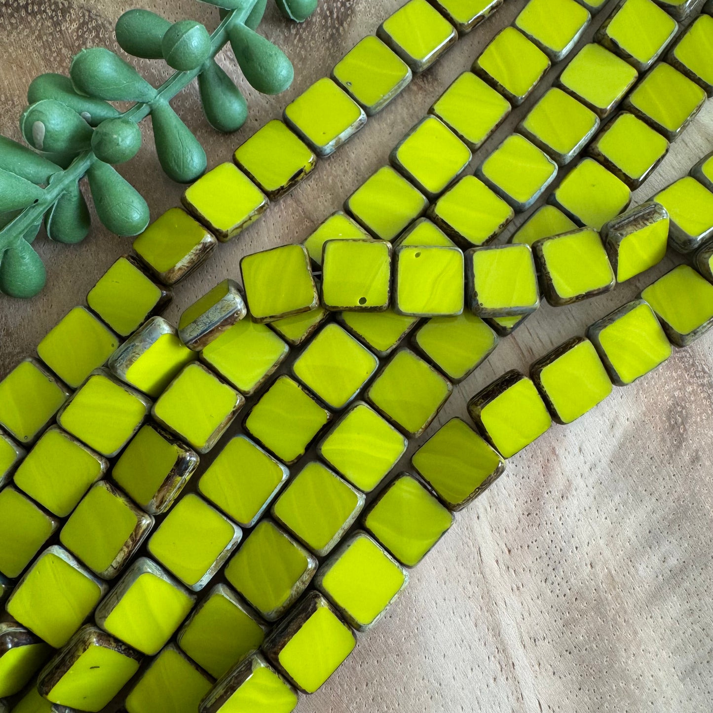 Vintage Chartreuse Green Table Cut Czech Glass Squares – 10 mm – 8 Inch Strand