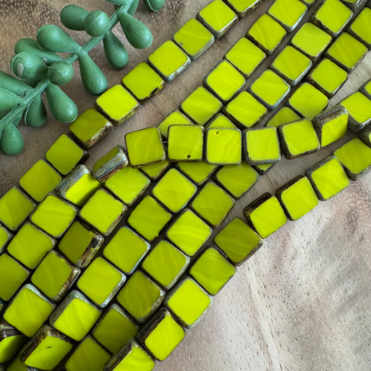 Vintage Chartreuse Green Table Cut Czech Glass Squares – 10 mm – 8 Inch Strand