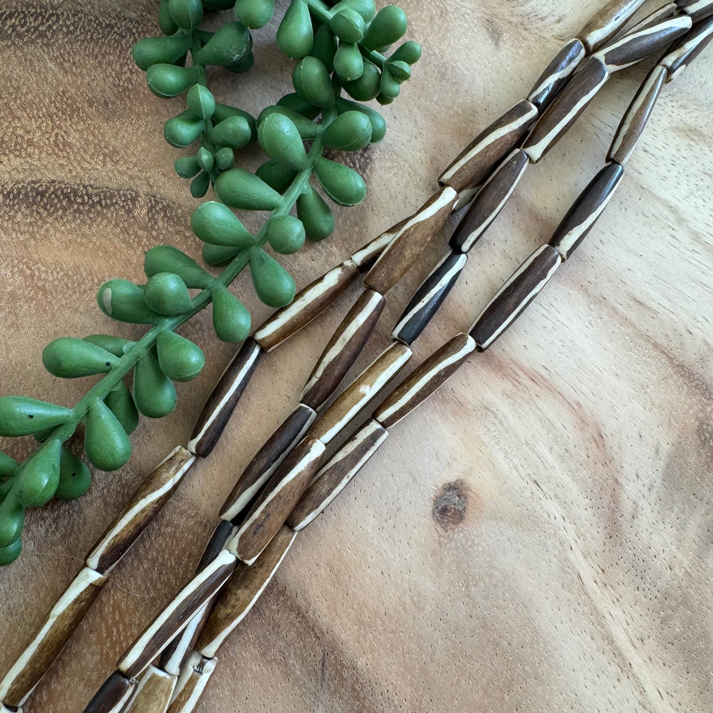 Striped Batik Bone Tube Beads – 5x25 mm – 15–16 Inch Strand