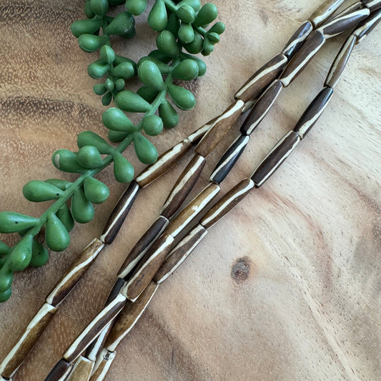 Striped Batik Bone Tube Beads – 5x25 mm – 15–16 Inch Strand