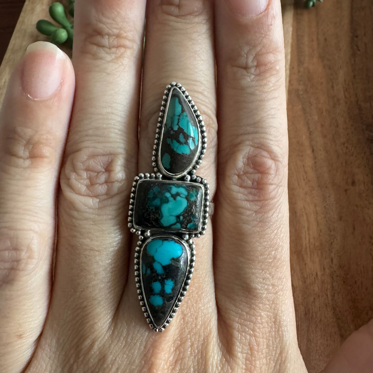 .925 Sterling Silver & Turquoise Three-Stone Statement Ring (Size 10)