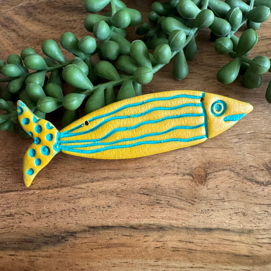 Large Mustard and Turquoise Fish Pendant