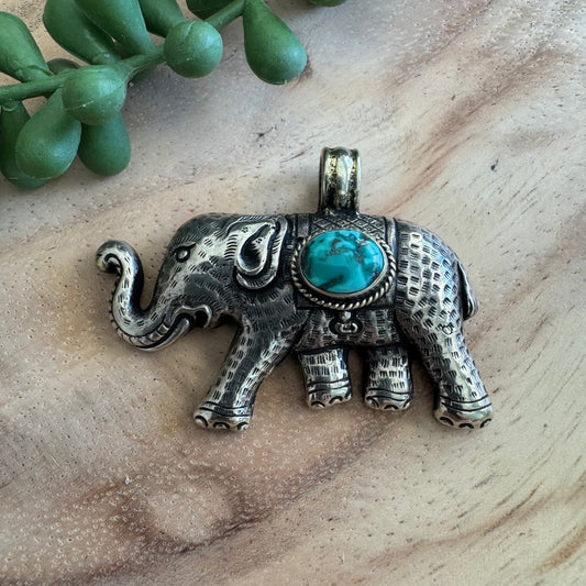 Tibetan Elephant Pendant with Turquoise Cabochon TIB03