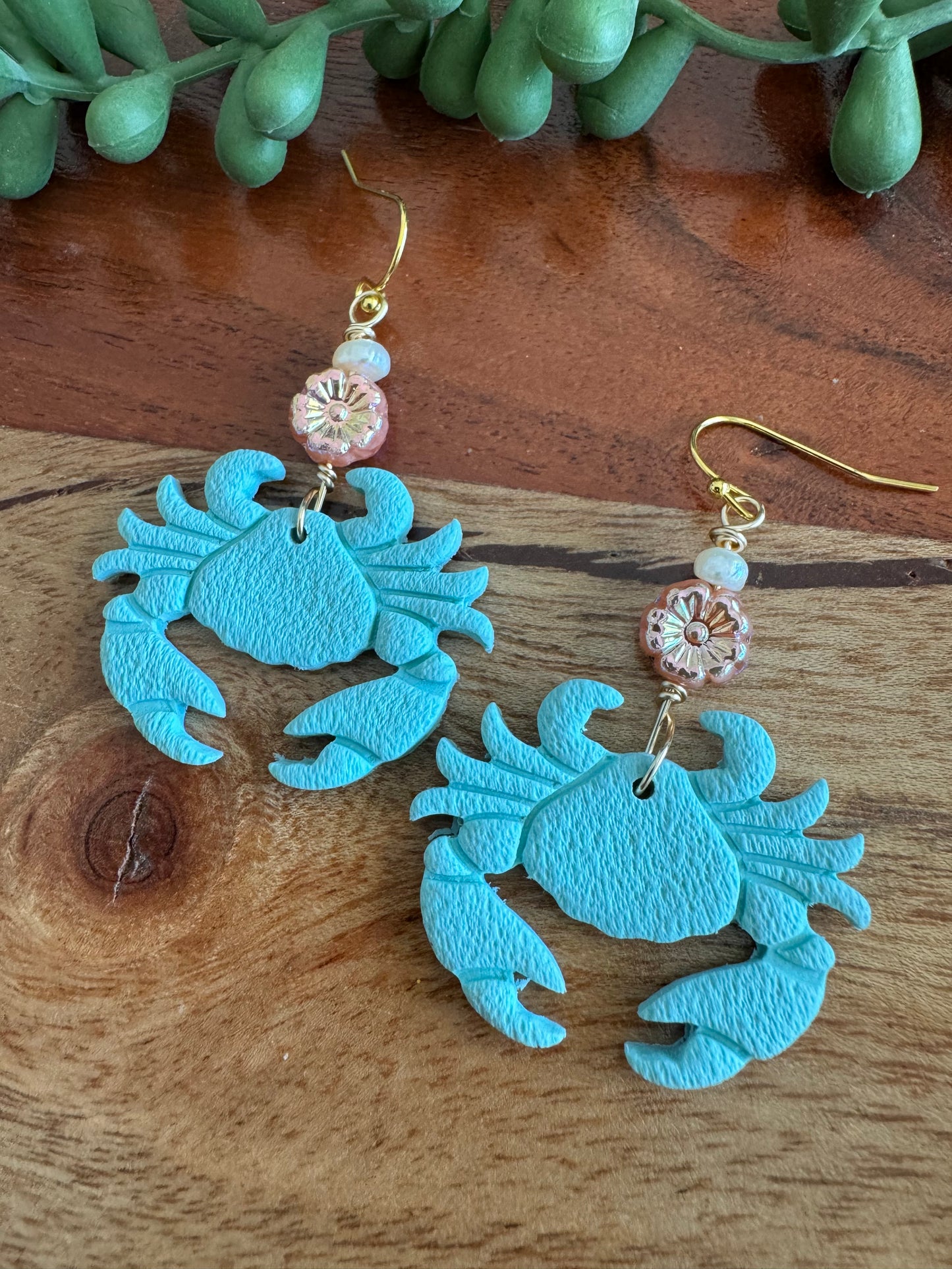 Aqua Crab and Pearl Earrings