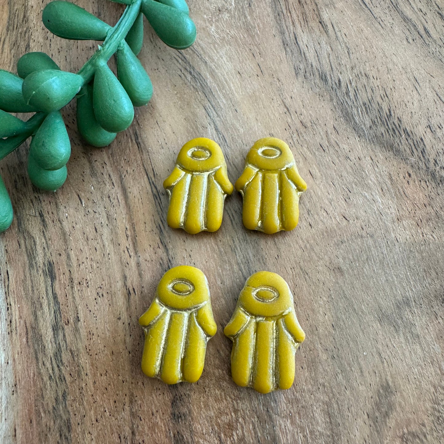 Czech Glass Mustard and Gold Hamsa Focal Bead 4pcs