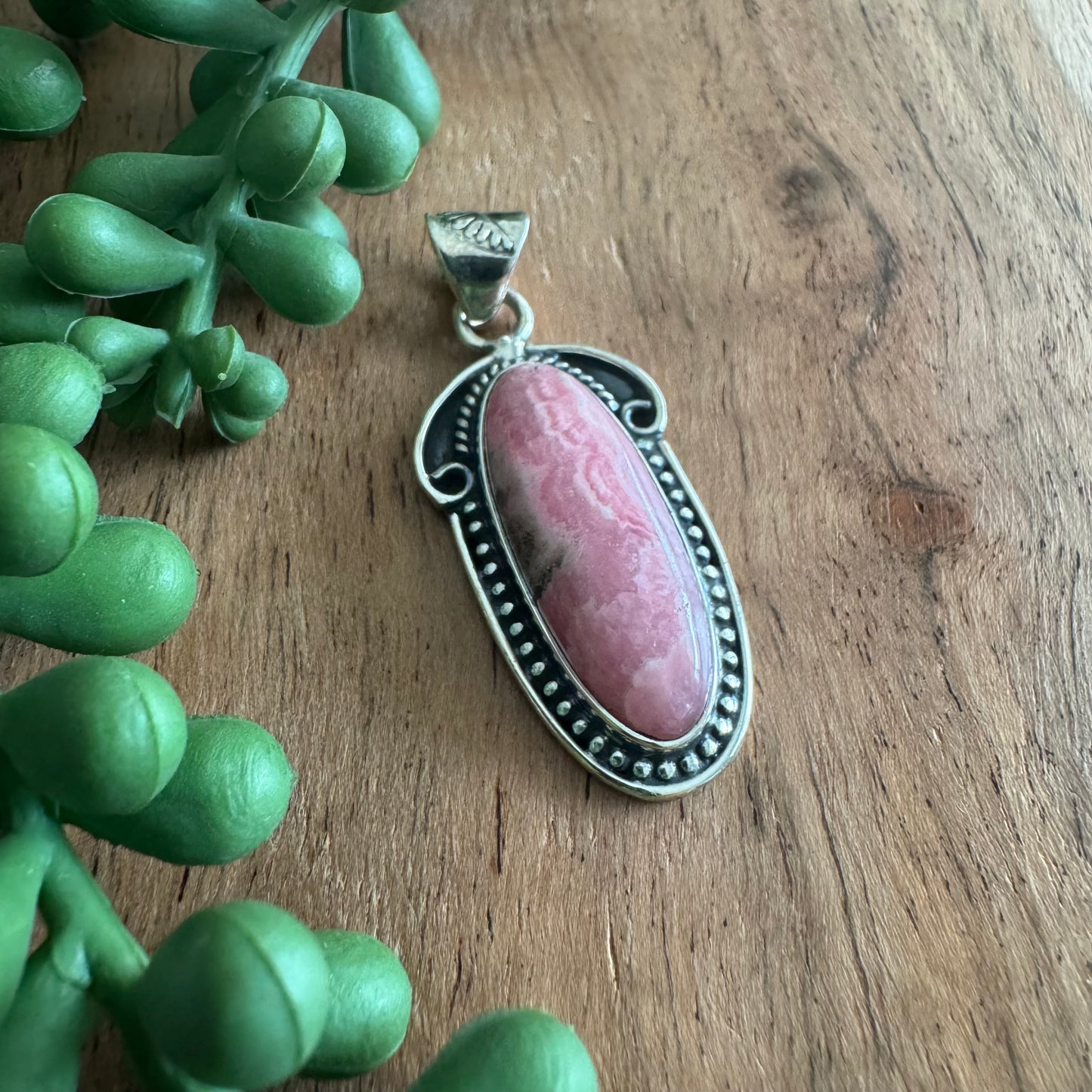 .925 Sterling Silver & Rhodochrosite Oval Pendant