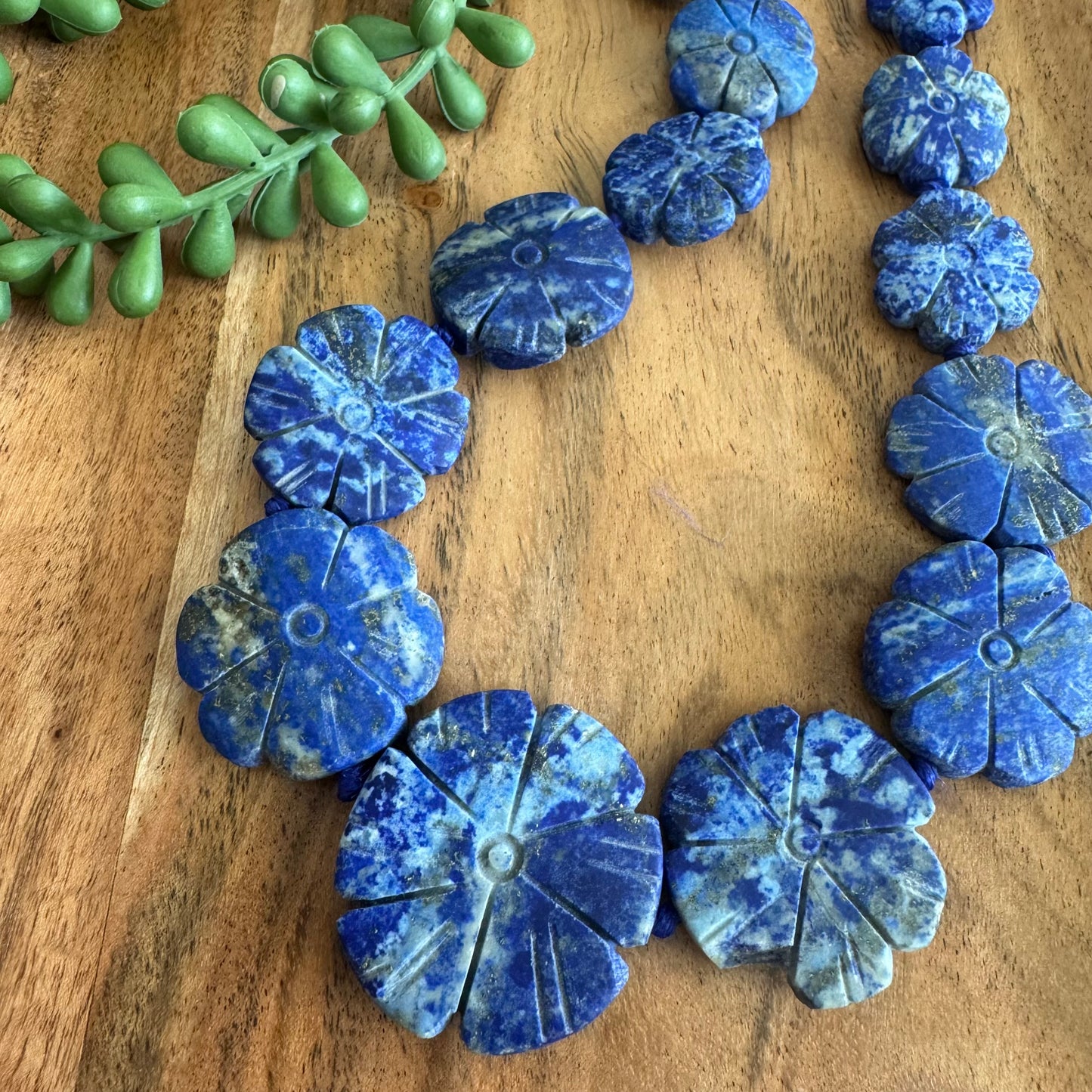 Lapis Lazuli Carved Flower Gemstone Bead Strand #2