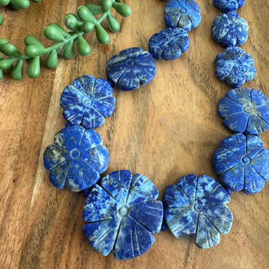 Lapis Lazuli Carved Flower Gemstone Bead Strand #2