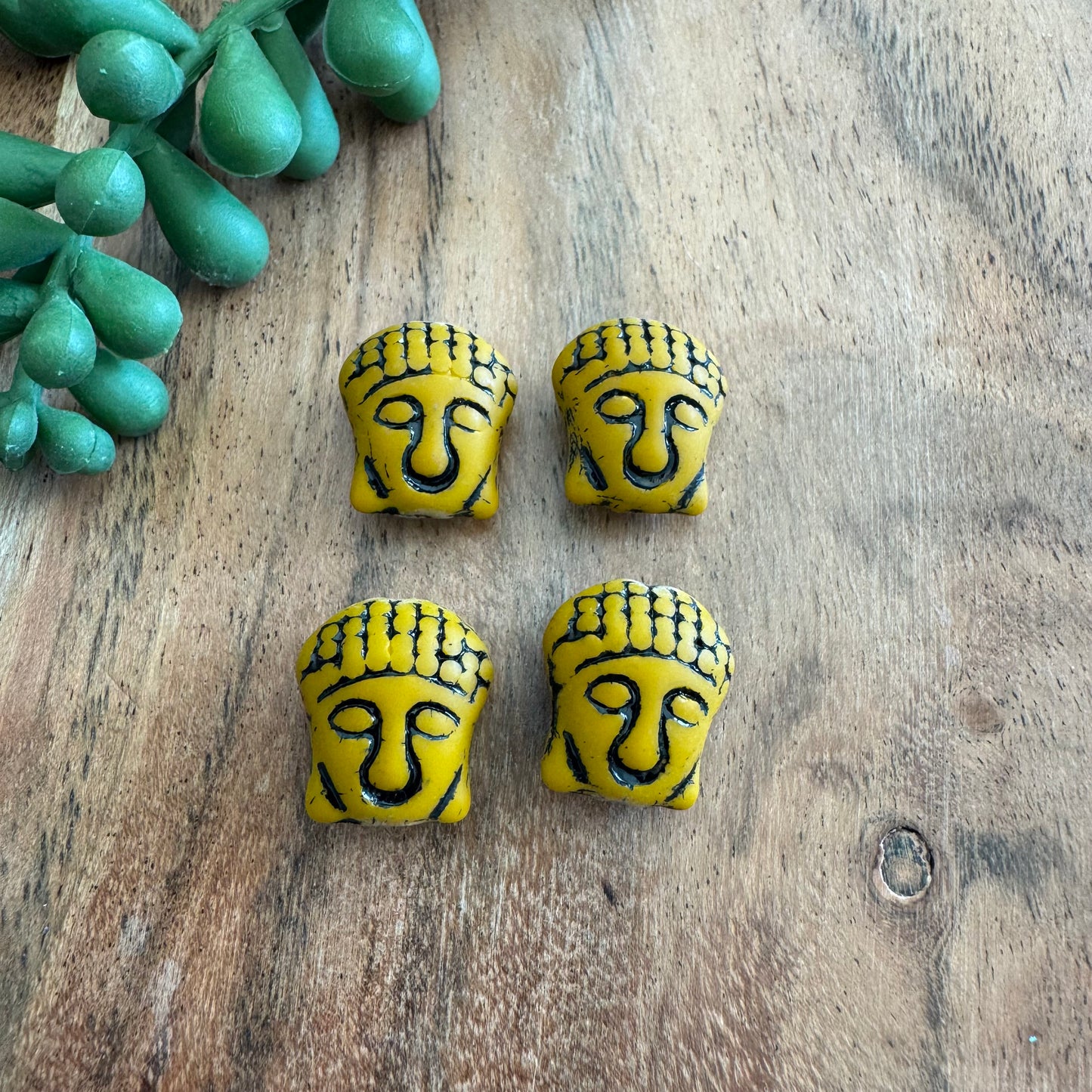 Czech Glass Mustard and Black Wash Buddha Focal Bead 4pcs