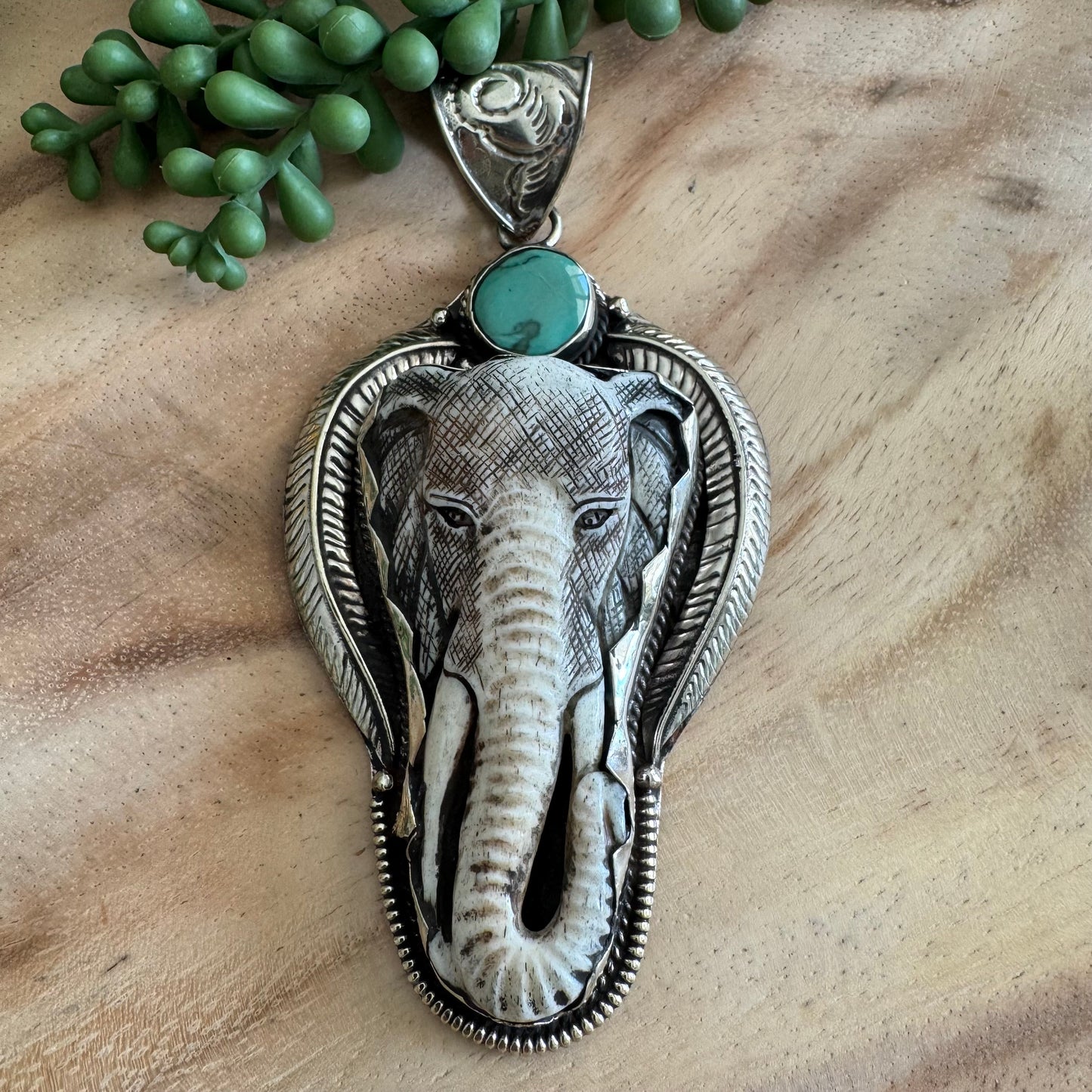 Carved Bone Elephant and Turquoise Statement Pendant SWP06