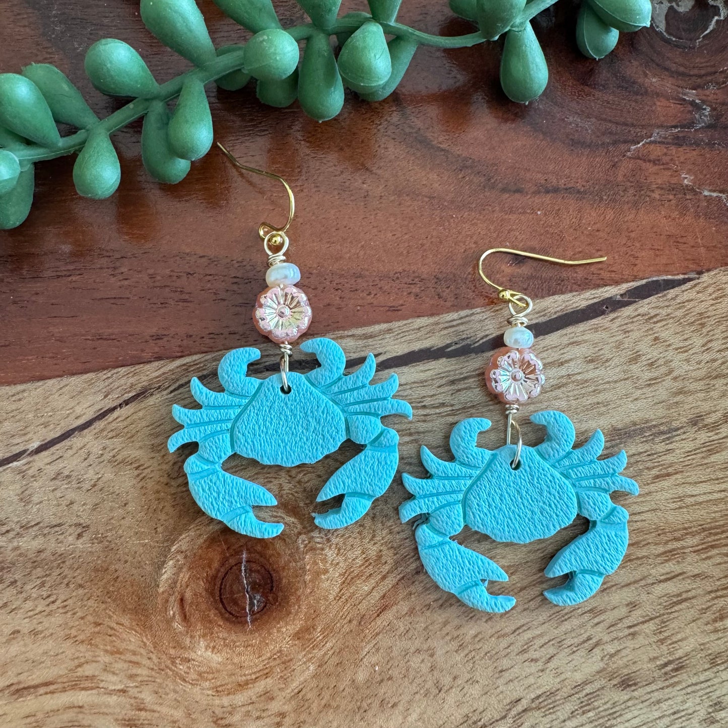 Aqua Crab and Pearl Earrings