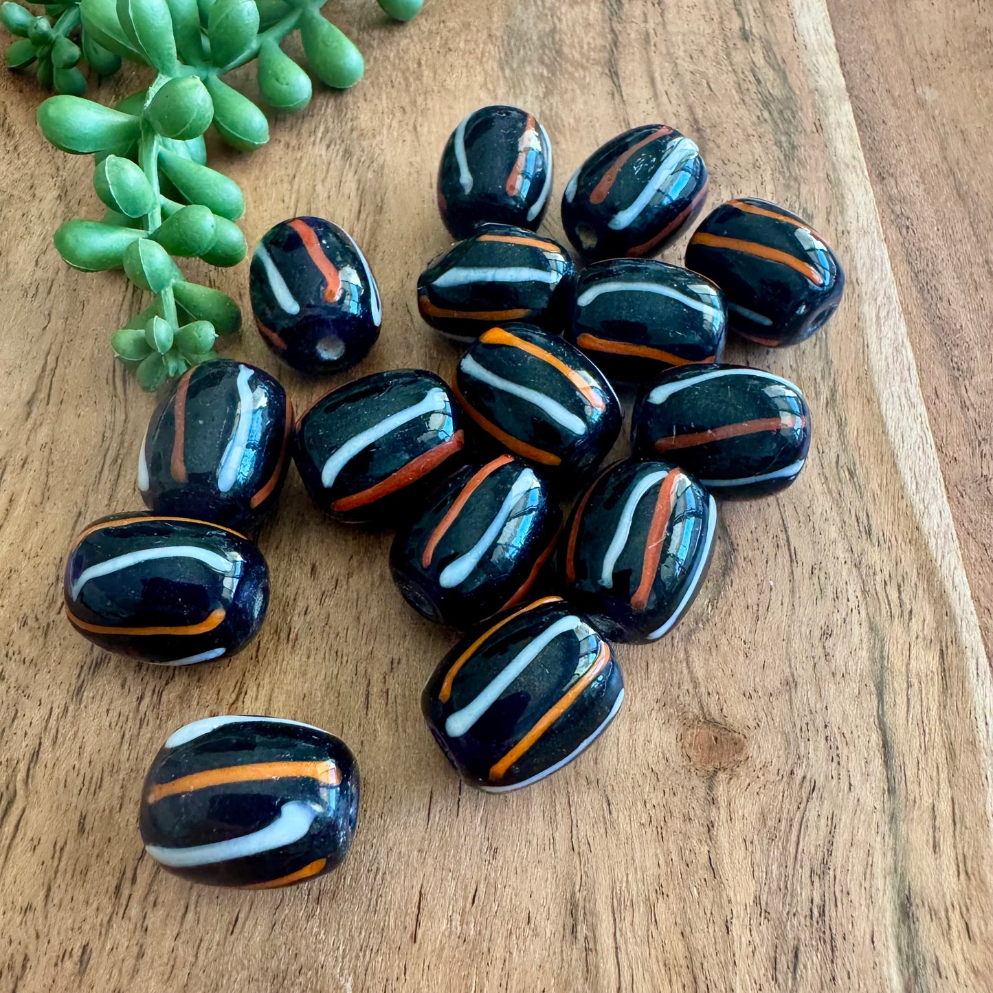 Black Glass Beads with White & Orange Stripes 16x19mm (India)