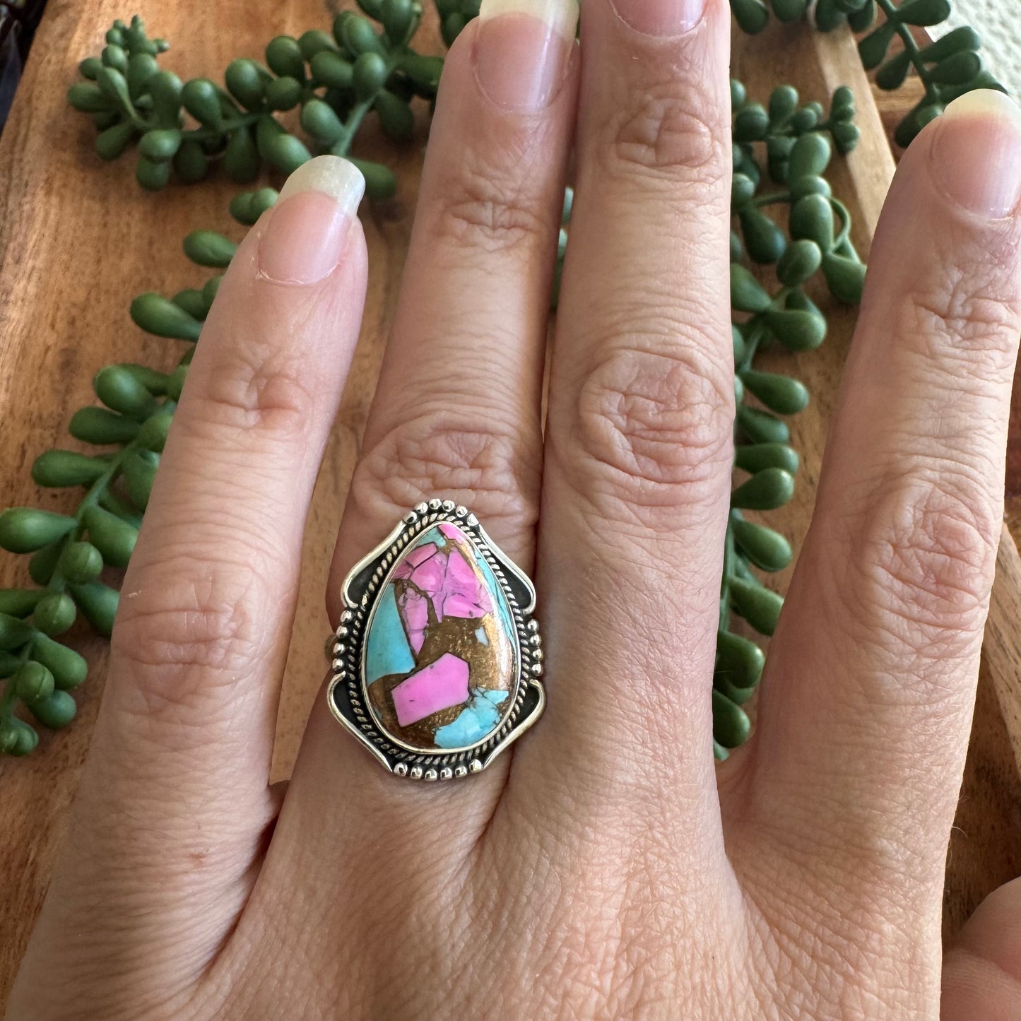 .925 Sterling Silver Cotton Candy Turquoise Teardrop Ring – Size 7