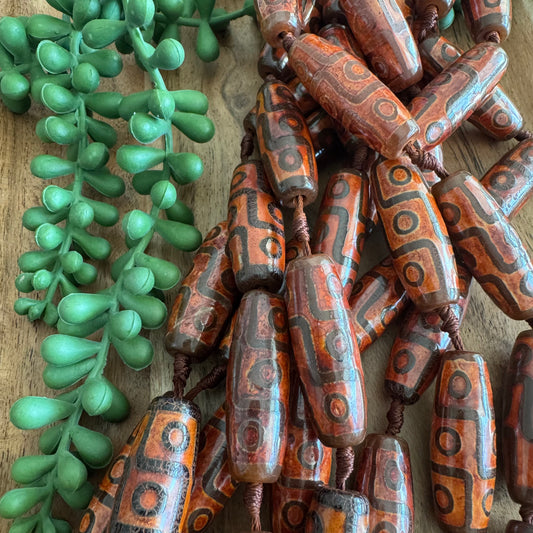 Large Brown DZI Agate Tube Beads, 40x14 mm