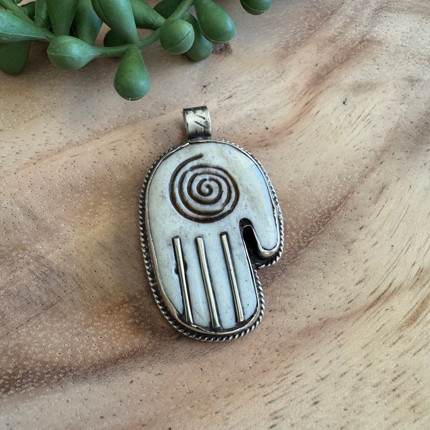 Carved Bone & Silvertone Hand Pendant SWP14