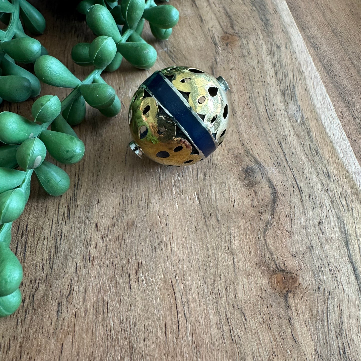 Turkmen Brass Bead with Blue Inlay | 25x30mm