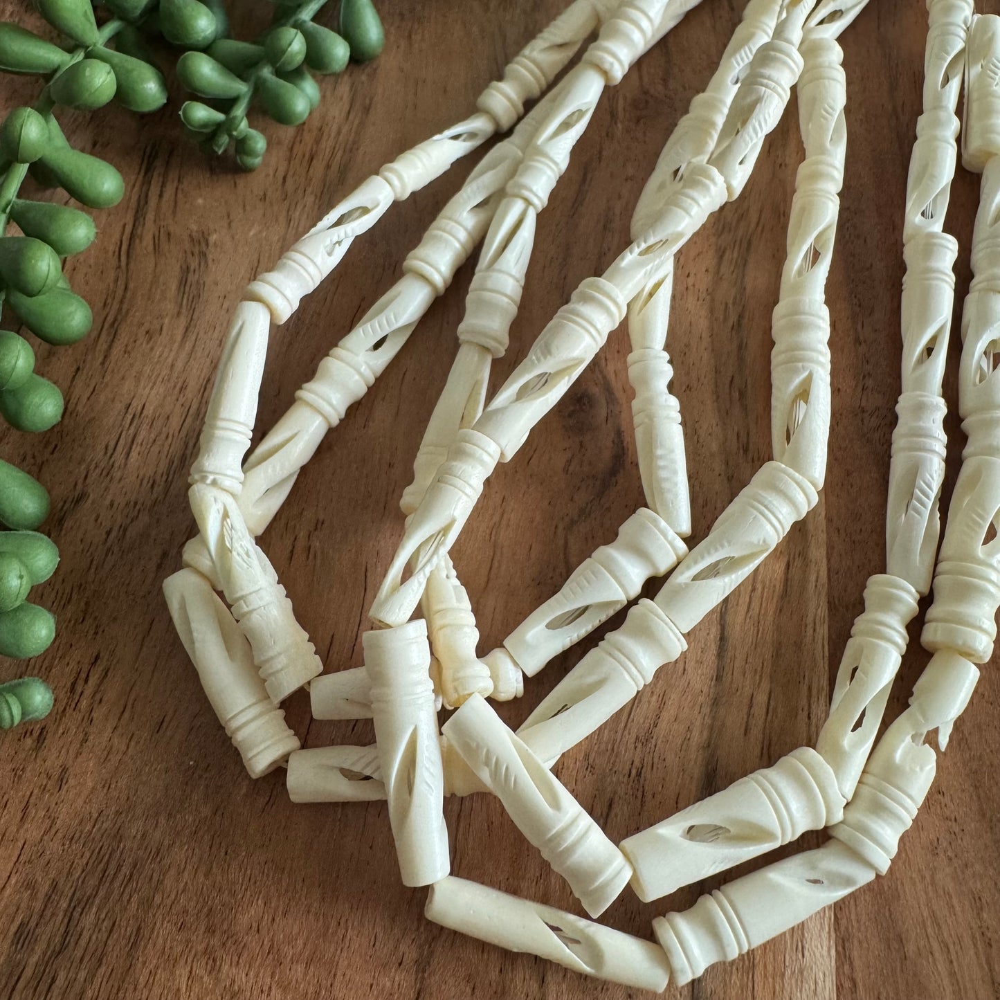 Carved Bone Tube Beads – 6x25 mm – 15–16 Inch Strand BN07