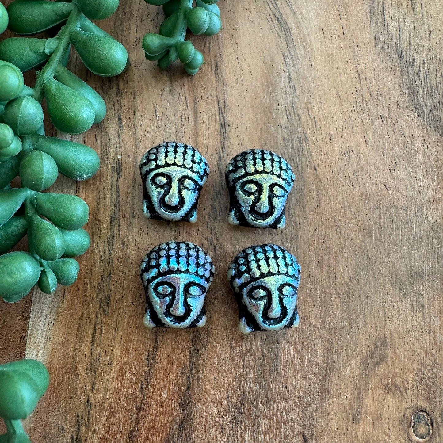 Czech Glass Iridescent and Black Wash Buddha Focal Bead 4pcs